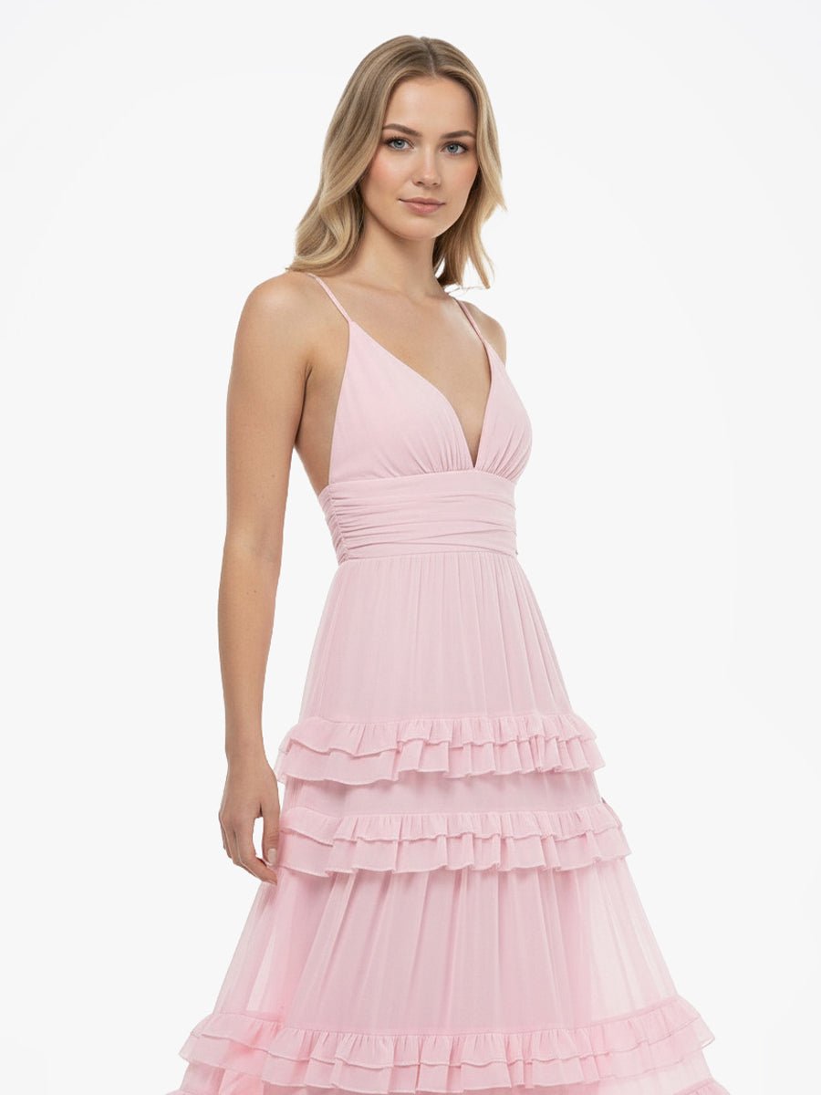 KissPorm-Decebal A Line Pink Chiffon Tiered Ruffles Long Prom Dress