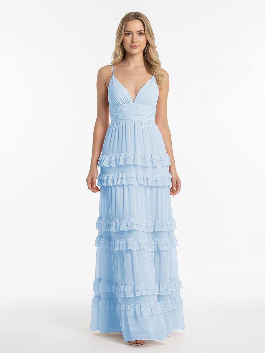 A Line Sky Blue Chiffon Tiered Ruffles Long Prom Dress - KISSPROM