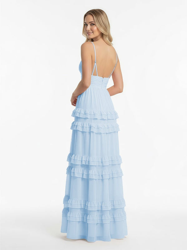 Decebal | A Line Pink Chiffon Tiered Ruffles Long Prom Dress - KissProm