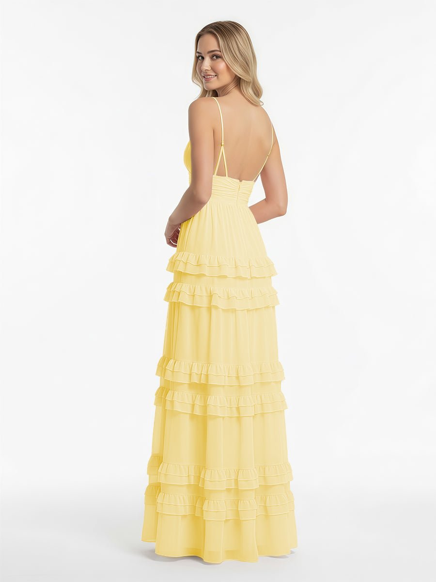 Decebal | A Line Pink Chiffon Tiered Ruffles Long Prom Dress - KissProm