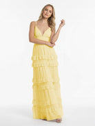 Decebal | A Line Pink Chiffon Tiered Ruffles Long Prom Dress - KissProm