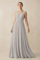 Deep V - Neck Pleated A - Line Chiffon Bridesmaid Dress in Sliver- SHE IS ME Bridesmaid Dresses