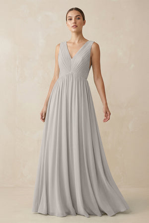 Deep V - Neck Pleated A - Line Chiffon Bridesmaid Dress in Sliver- SHE IS ME Bridesmaid Dresses
