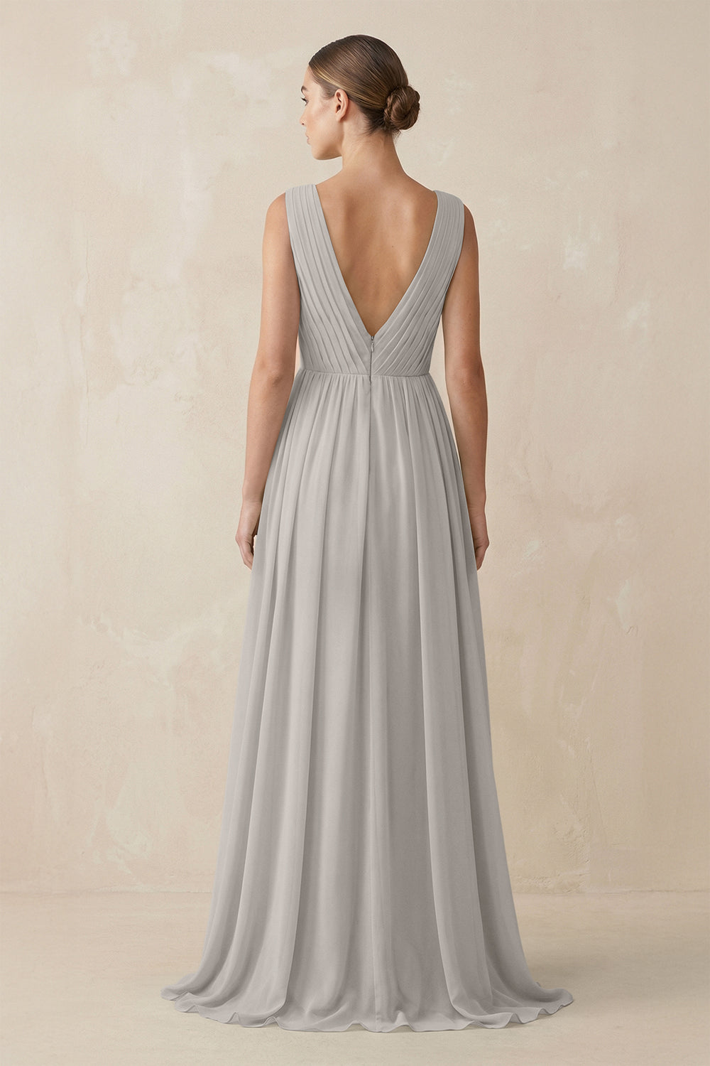 Deep V - Neck Pleated A - Line Chiffon Bridesmaid Dress in Sliver- SHE IS ME Bridesmaid Dresses