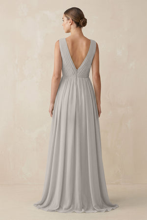 Deep V - Neck Pleated A - Line Chiffon Bridesmaid Dress in Sliver- SHE IS ME Bridesmaid Dresses
