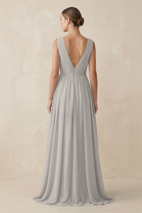 Deep V - Neck Pleated A - Line Chiffon Bridesmaid Dress in Sliver- SHE IS ME Bridesmaid Dresses