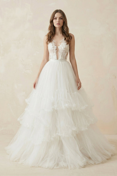 Deep V A - Line Tulle Appliqued Wedding Dress in White - KissProm Wedding Dresses