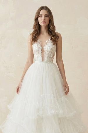 Deep V A - Line Tulle Appliqued Wedding Dress in White - KissProm Wedding Dresses