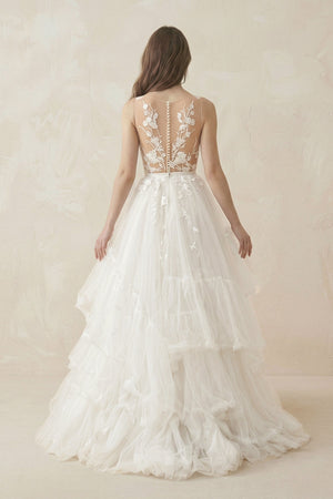 Deep V A - Line Tulle Appliqued Wedding Dress in White - KissProm Wedding Dresses