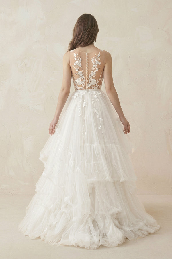 Deep V A - Line Tulle Appliqued Wedding Dress in White - KissProm Wedding Dresses