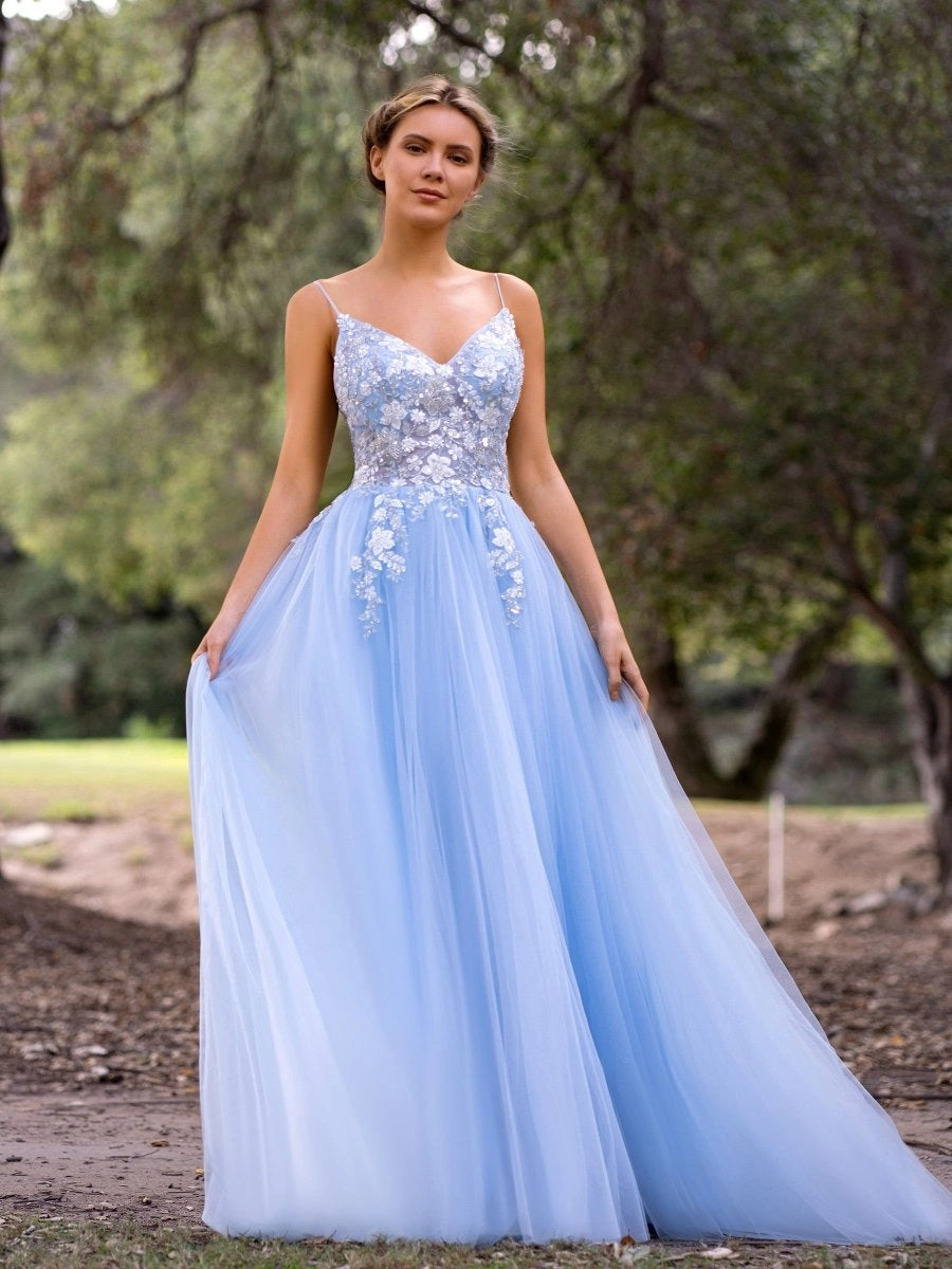 KissProm Deep V-Neck Applique Lace Floor Length Tulle Prom Dress, Blue / 16