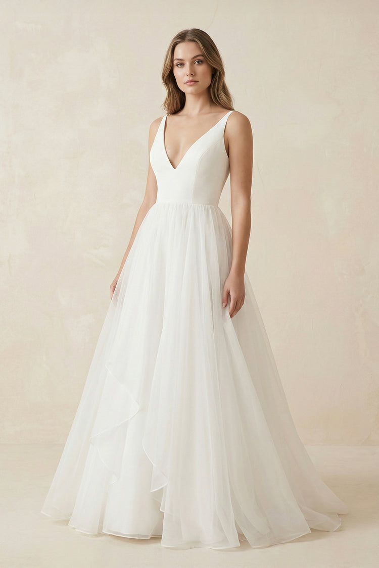 chiffon deep v neck dress KissProm A Line Sleeveless Simple Long Beach Wedding Dress, Diamond White / 4 Color:Other (Ivory/Black/Dark Navy/ Lavender/Sage) Tiffany Damas Dresses for dream Evening dress High Low Fully lined