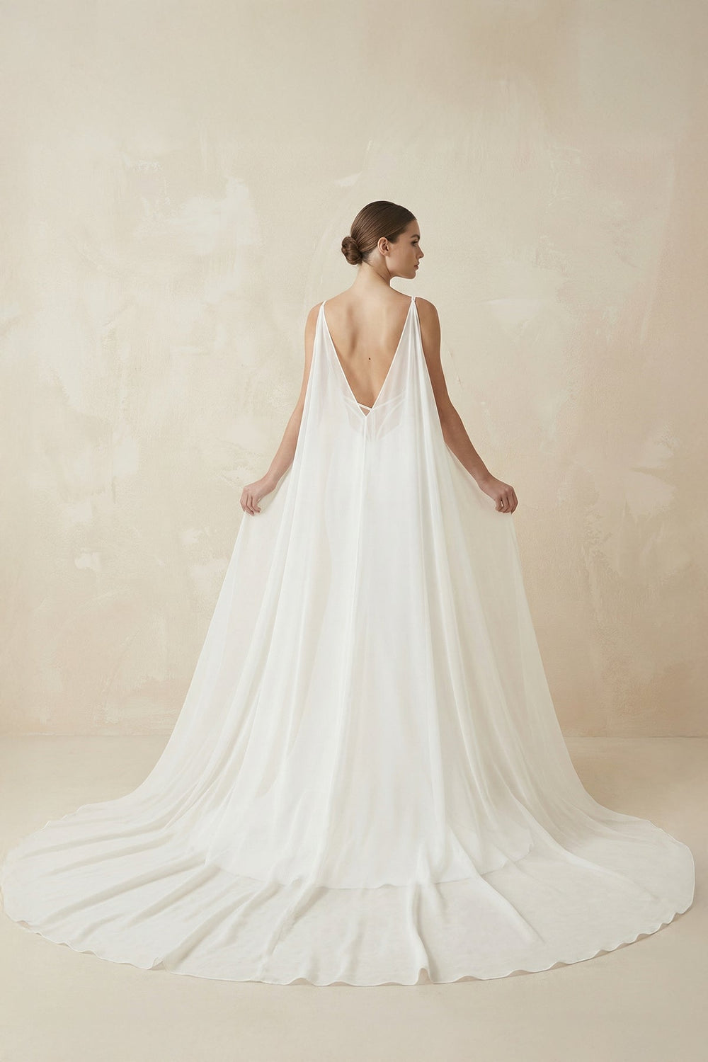 Deep V - Neck Mermaid Chiffon Wedding Dress Detachable Cape in White - KissProm Wedding Dresses