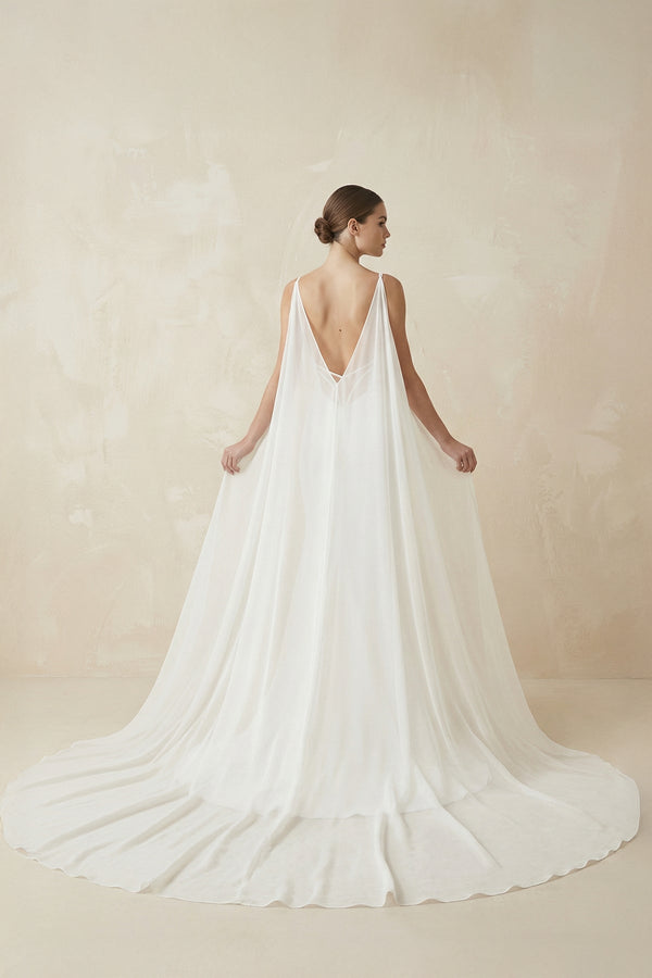 Deep V - Neck Mermaid Chiffon Wedding Dress Detachable Cape in White - KissProm Wedding Dresses