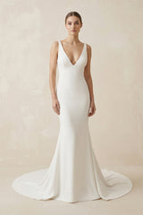Deep V - Neck Mermaid Chiffon Wedding Dress Detachable Cape in White - KissProm Wedding Dresses