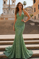  Mustard Green Mermaid Deep V Neck Sequins Prom Dress - KissProm 