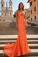 Deep V Neck Orange Sequins Mermaid Long Prom Dress - KissProm