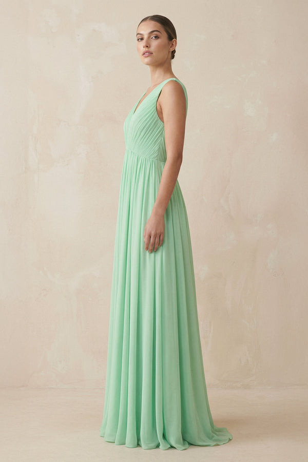 Deep V-Neck Pleated A-Line Chiffon Bridesmaid Dress in Pale Pistachio - KissProm BRIDESMAID DRESSES
