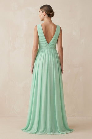 Deep V-Neck Pleated A-Line Chiffon Bridesmaid Dress in Pale Pistachio - KissProm BRIDESMAID DRESSES