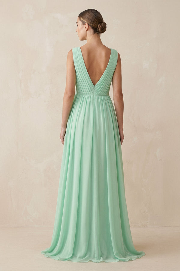 Deep V-Neck Pleated A-Line Chiffon Bridesmaid Dress in Pale Pistachio - KissProm BRIDESMAID DRESSES