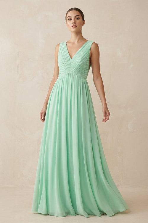 Deep V-Neck Pleated A-Line Chiffon Bridesmaid Dress in Pale Pistachio - KissProm BRIDESMAID DRESSES