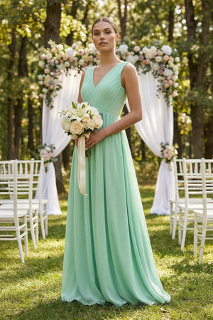 Deep V-Neck Pleated A-Line Chiffon Bridesmaid Dress in Pale Pistachio - KissProm BRIDESMAID DRESSES
