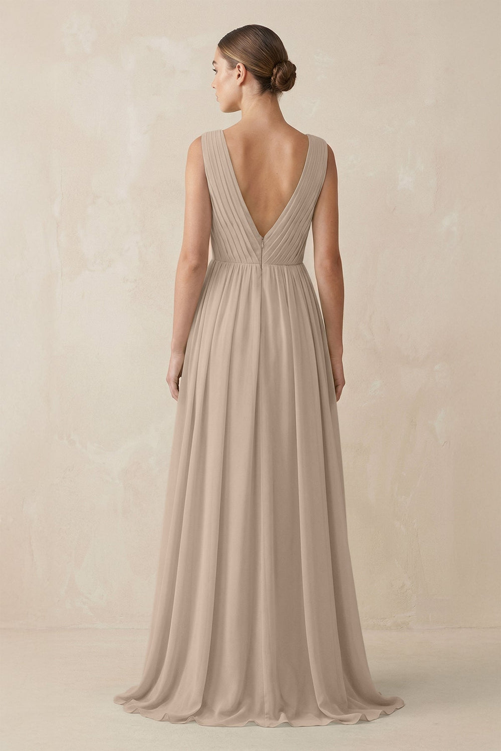Deep V - Neck Pleated A - Line Chiffon Bridesmaid Dress in Almond - KissProm Bridesmaid Dresses