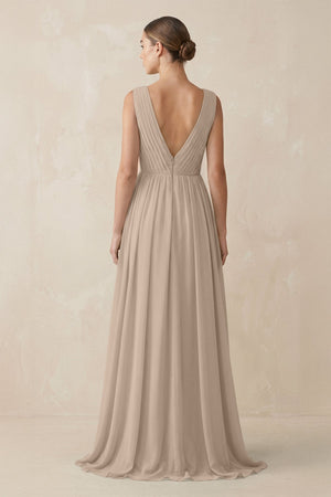 Deep V - Neck Pleated A - Line Chiffon Bridesmaid Dress in Almond - KissProm Bridesmaid Dresses