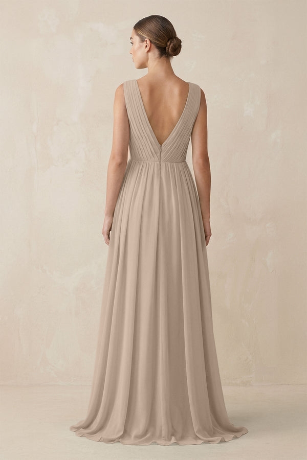 Deep V - Neck Pleated A - Line Chiffon Bridesmaid Dress in Almond - KissProm Bridesmaid Dresses