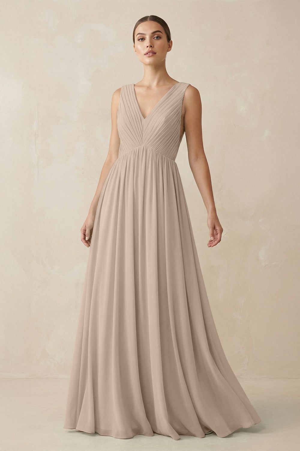 Deep V - Neck Pleated A - Line Chiffon Bridesmaid Dress in Almond - KissProm Bridesmaid Dresses
