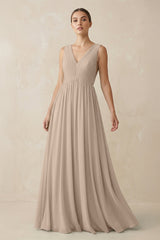 Deep V - Neck Pleated A - Line Chiffon Bridesmaid Dress in Almond - KissProm Bridesmaid Dresses