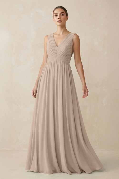 Deep V - Neck Pleated A - Line Chiffon Bridesmaid Dress in Almond - KissProm Bridesmaid Dresses