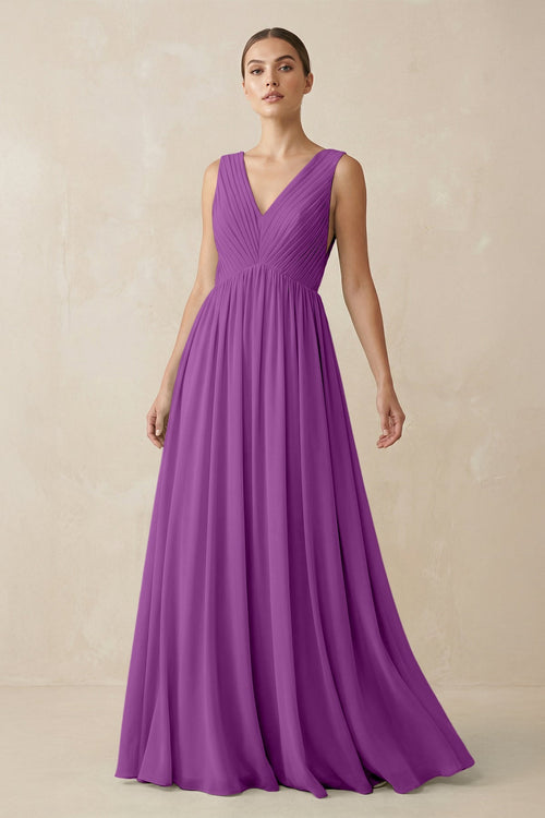 KissProm V-Neck Pleated A-Line Chiffon Bridesmaid Dress in Amethyst, Amethyst / 8