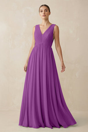Deep V - Neck Pleated A - Line Chiffon Bridesmaid Dress in Amethyst - KissProm Bridesmaid Dresses