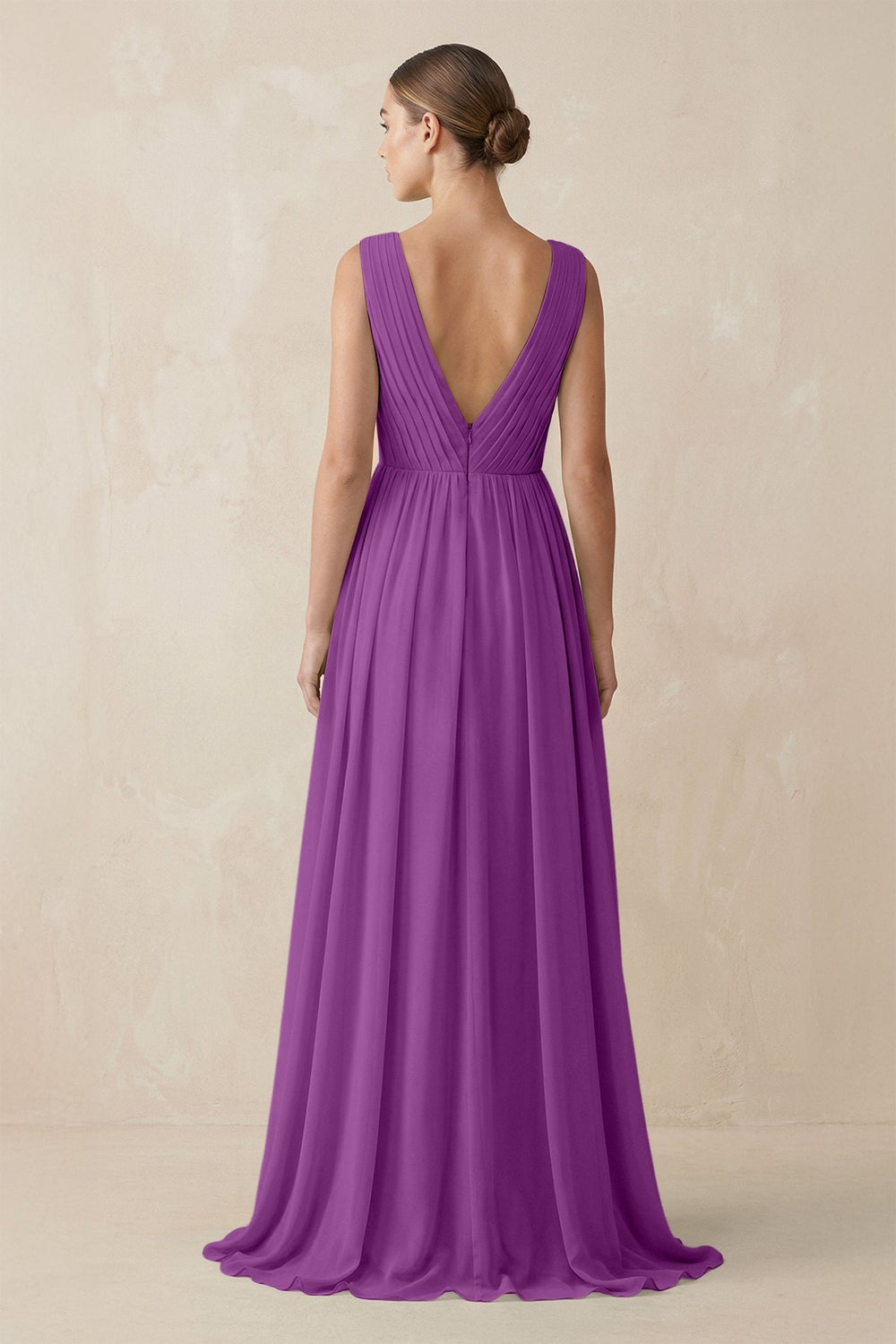Deep V - Neck Pleated A - Line Chiffon Bridesmaid Dress in Amethyst - KissProm Bridesmaid Dresses