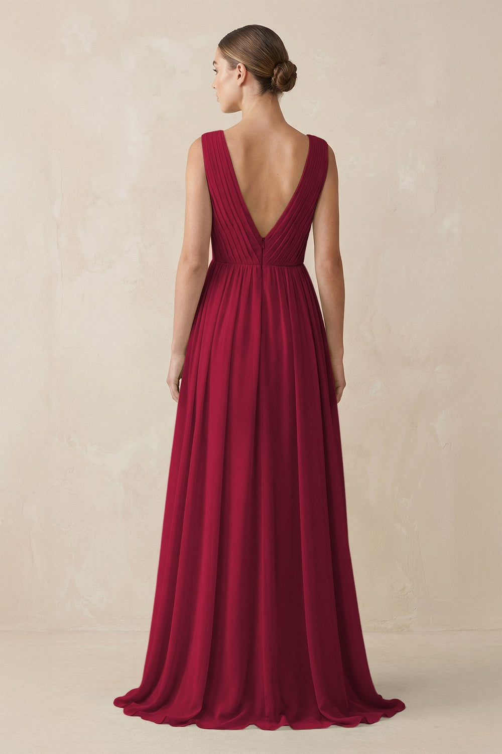 Deep V - Neck Pleated A - Line Chiffon Bridesmaid Dress in Berry - KissProm Bridesmaid Dresses