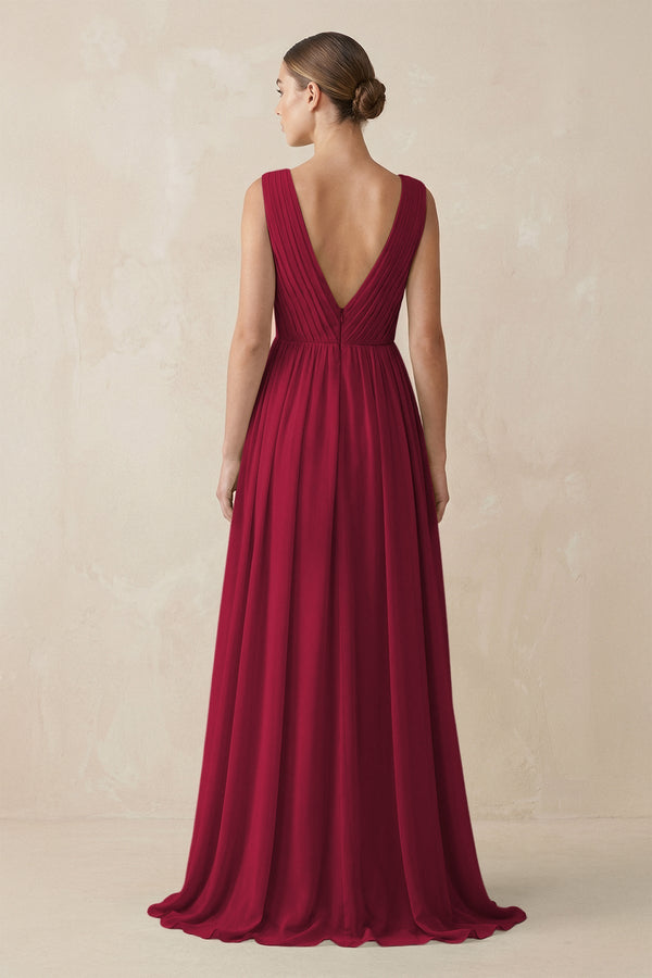 Deep V - Neck Pleated A - Line Chiffon Bridesmaid Dress in Berry - KissProm Bridesmaid Dresses
