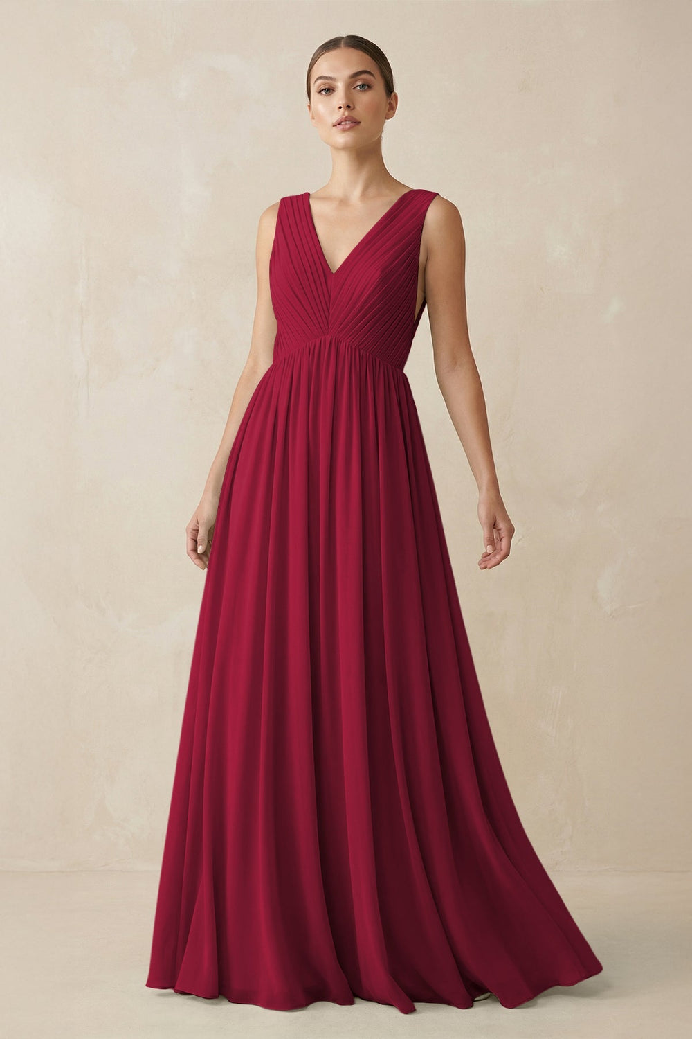 Deep V - Neck Pleated A - Line Chiffon Bridesmaid Dress in Berry - KissProm Bridesmaid Dresses