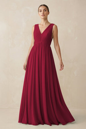 Deep V - Neck Pleated A - Line Chiffon Bridesmaid Dress in Berry - KissProm Bridesmaid Dresses