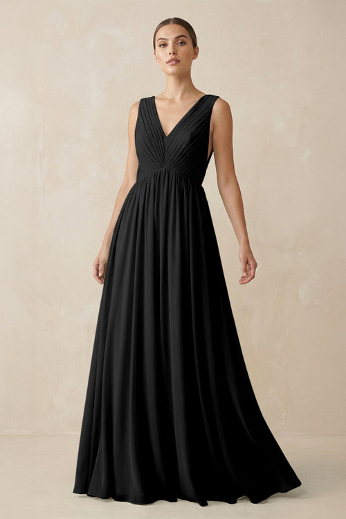 KissProm V-Neck Pleated A-Line Chiffon Bridesmaid Dress in Black, Black / 28