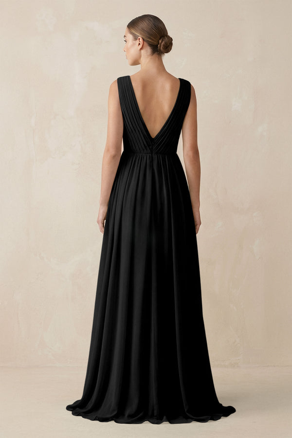 Deep V - Neck Pleated A - Line Chiffon Bridesmaid Dress in Black - KissProm Bridesmaid Dresses