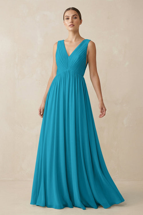 Deep V - Neck Pleated A - Line Chiffon Bridesmaid Dress in Blue Jay - KissProm Bridesmaid Dresses