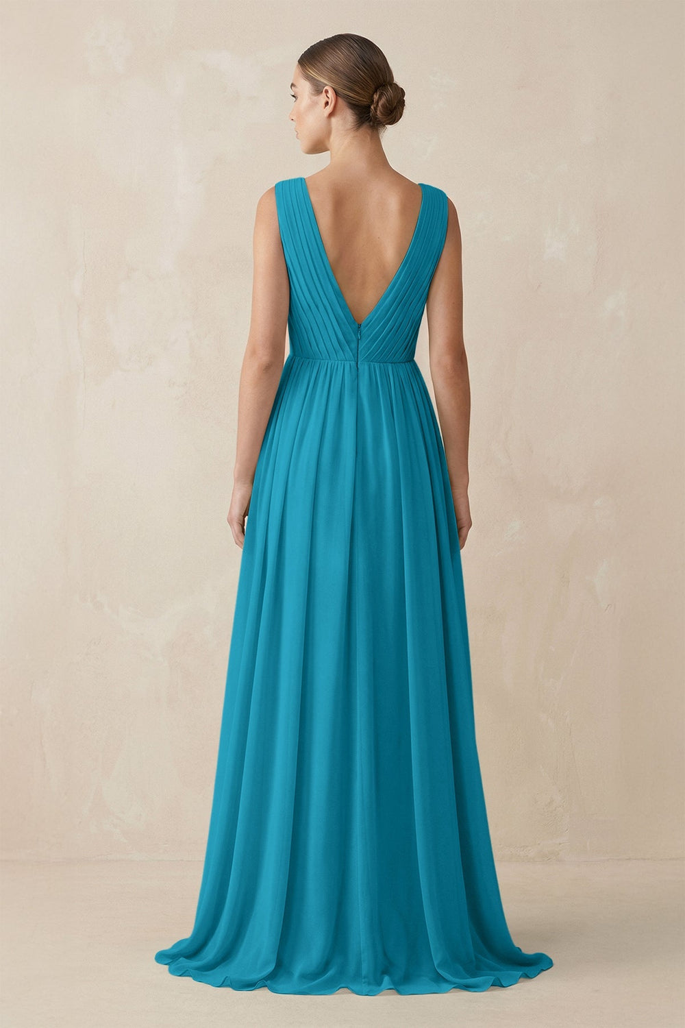 Deep V - Neck Pleated A - Line Chiffon Bridesmaid Dress in Blue Jay - KissProm Bridesmaid Dresses