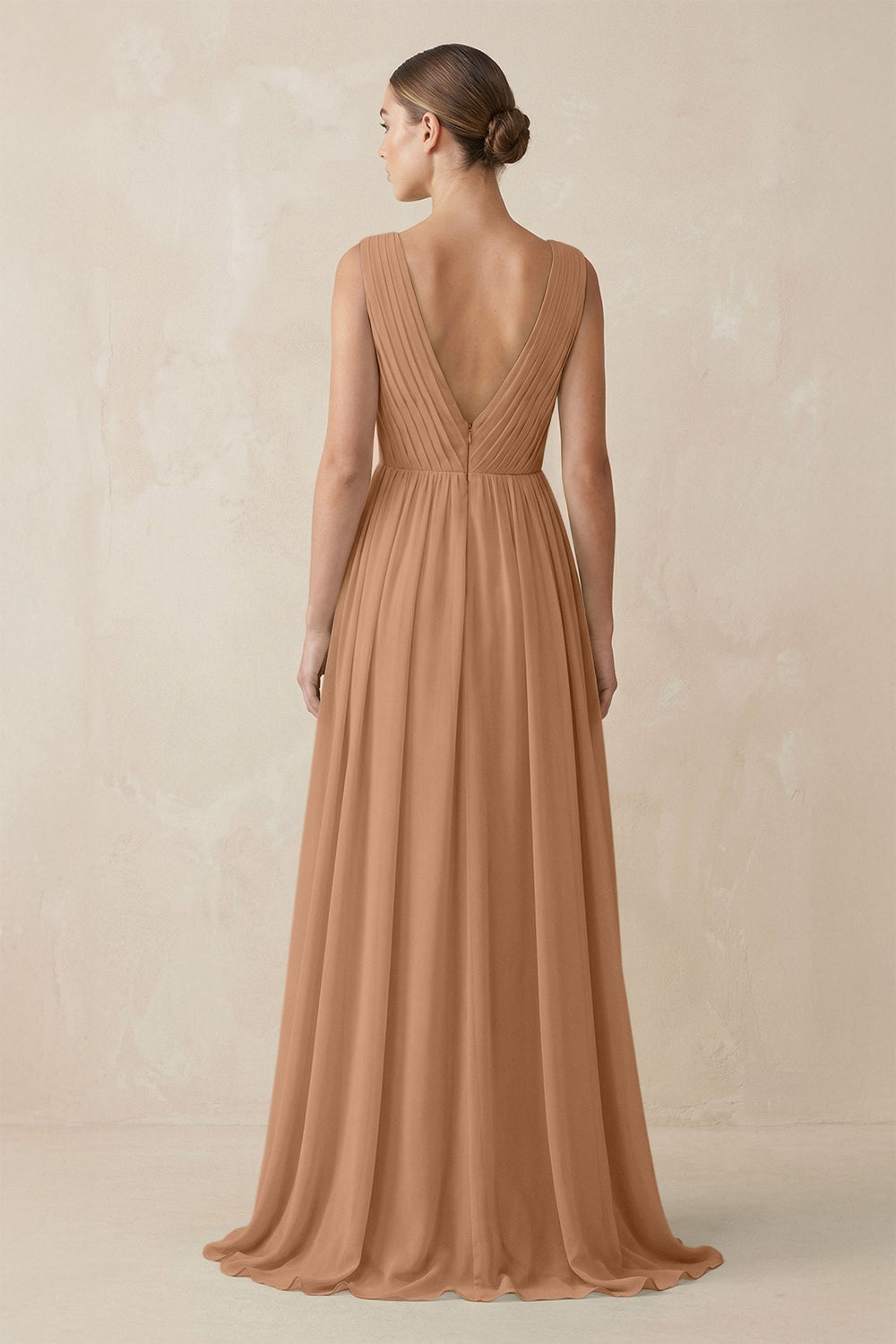 Deep V - Neck Pleated A - Line Chiffon Bridesmaid Dress in Bronzer - KissProm Bridesmaid Dresses