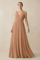 Deep V - Neck Pleated A - Line Chiffon Bridesmaid Dress in Bronzer - KissProm Bridesmaid Dresses