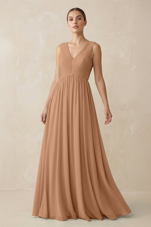 Deep V - Neck Pleated A - Line Chiffon Bridesmaid Dress in Bronzer - KissProm Bridesmaid Dresses