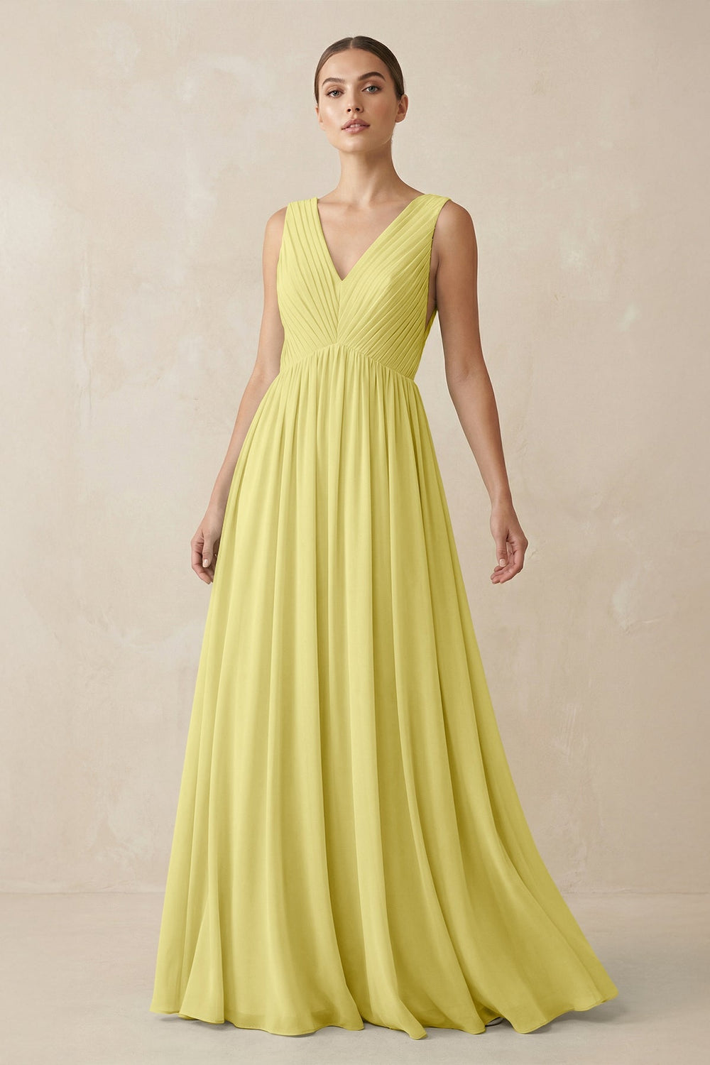 Deep V - Neck Pleated A - Line Chiffon Bridesmaid Dress in Buttercup - KissProm Bridesmaid Dresses