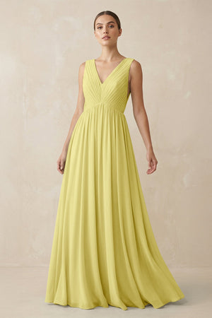 Deep V - Neck Pleated A - Line Chiffon Bridesmaid Dress in Buttercup - KissProm Bridesmaid Dresses