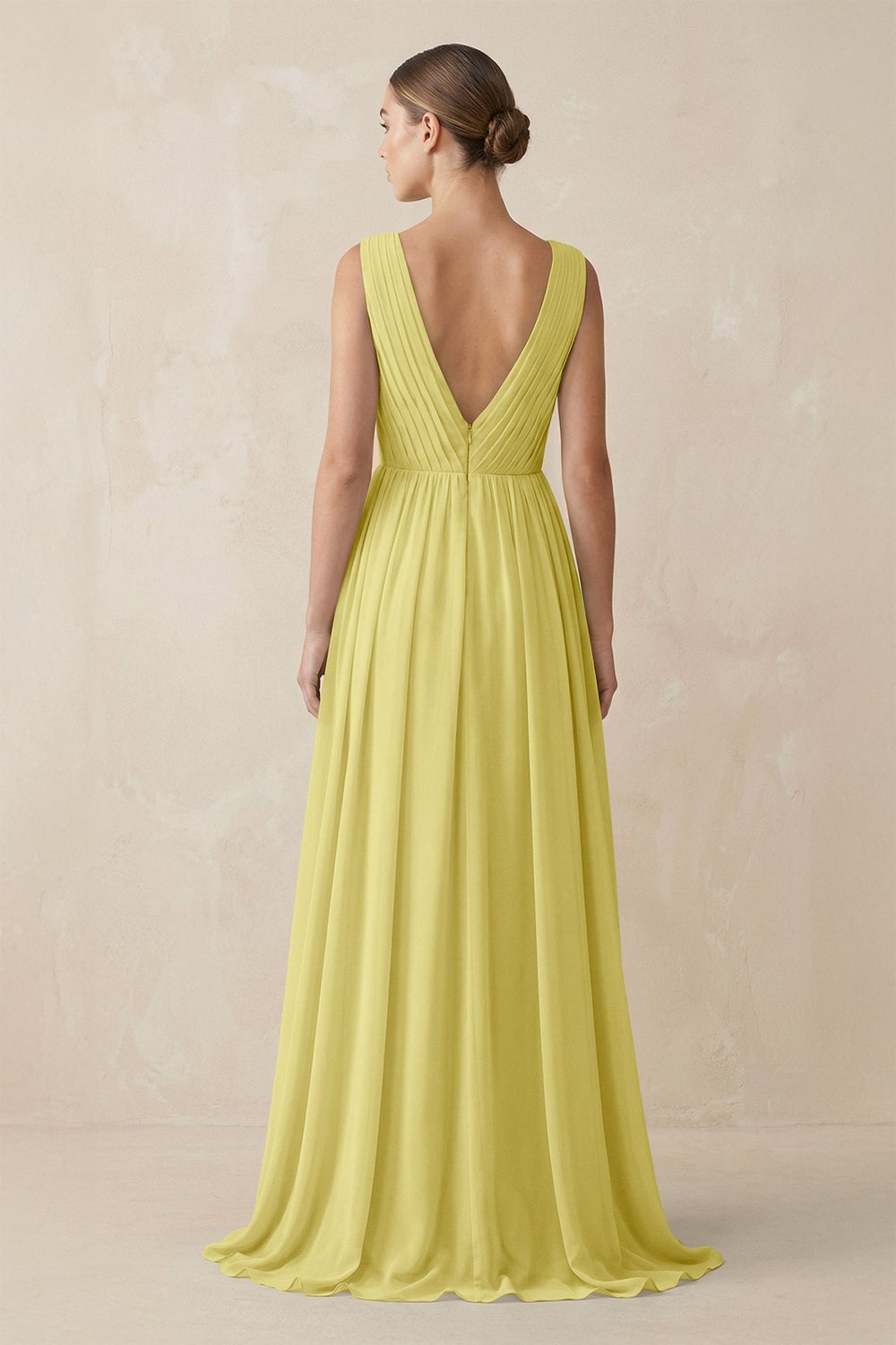 Deep V - Neck Pleated A - Line Chiffon Bridesmaid Dress in Buttercup - KissProm Bridesmaid Dresses