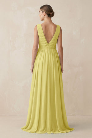 Deep V - Neck Pleated A - Line Chiffon Bridesmaid Dress in Buttercup - KissProm Bridesmaid Dresses